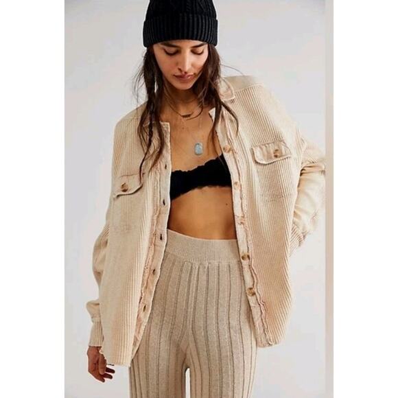 Free People One Scout Jacket Sand Womens Medium OVERSIZED Waffle Knit SHACKET - Picture 1 of 14
